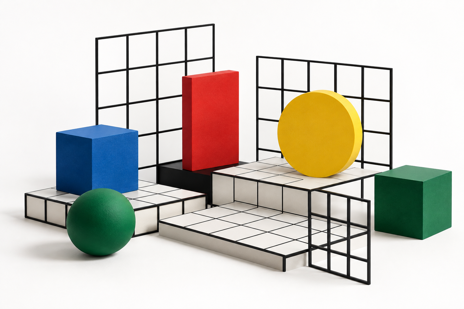 Modular black grid with primary-colour geometric objects