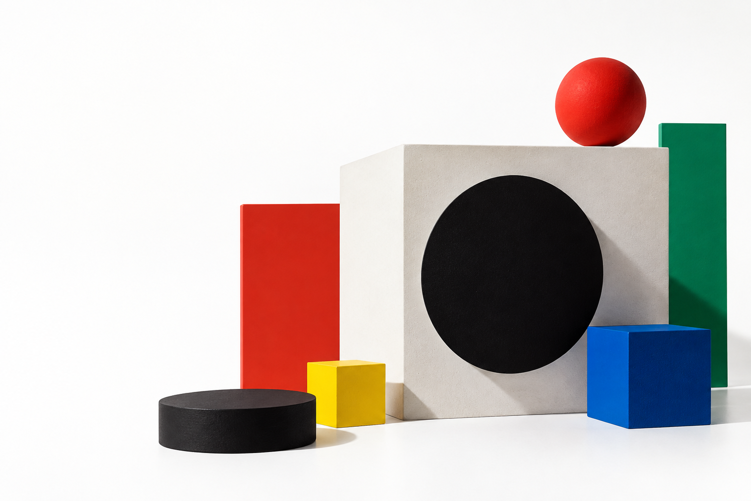 Abstract tabletop composition of bright geometric blocks and circular markers