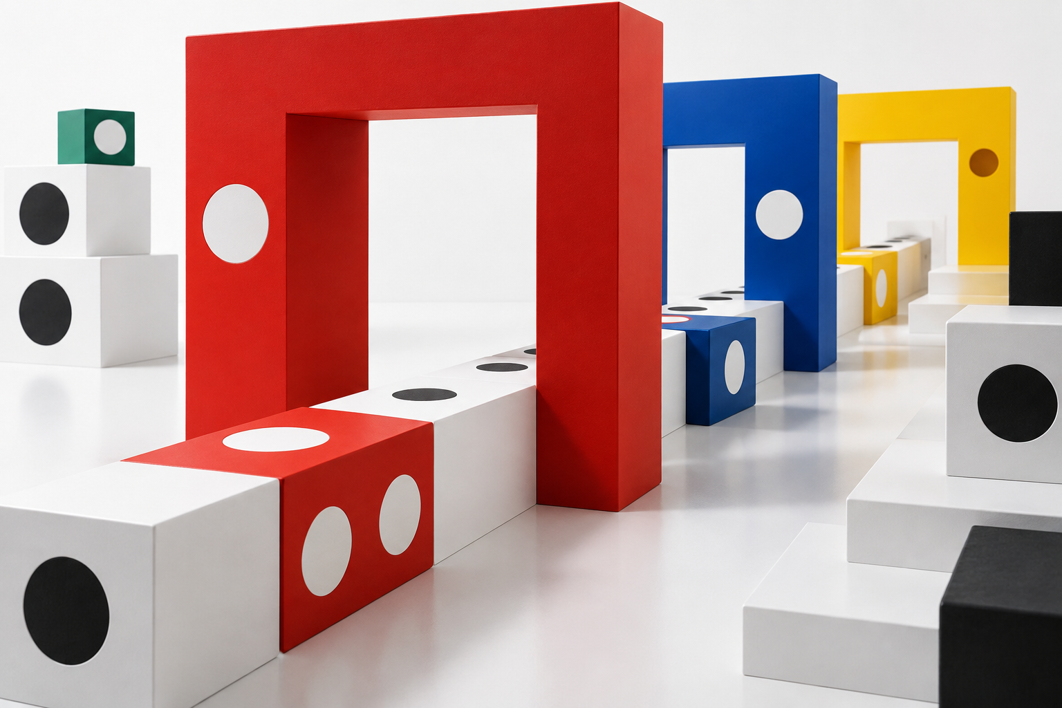 Red, blue and yellow geometric gates forming an abstract passage